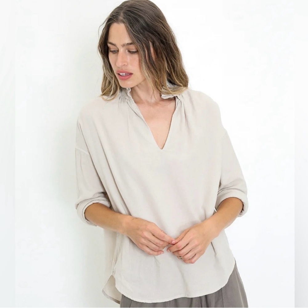 A Shirt Thing Penelope Cabo Ruffle Collar Shirt in Sand Small